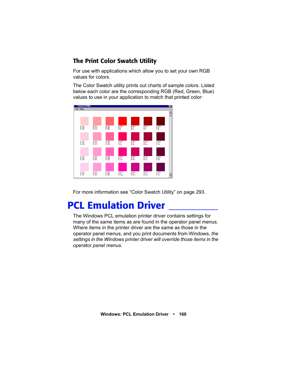 The print color swatch utility, Pcl emulation driver, The print color swatch utility 160 | Oki C 5400n User Manual | Page 162 / 328