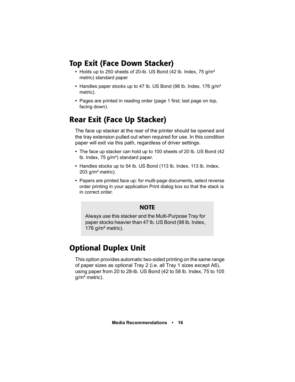 Top exit (face down stacker), Rear exit (face up stacker), Optional duplex unit | Top exit (face down stacker) 16, Rear exit (face up stacker) optional duplex unit | Oki C 5400n User Manual | Page 18 / 328