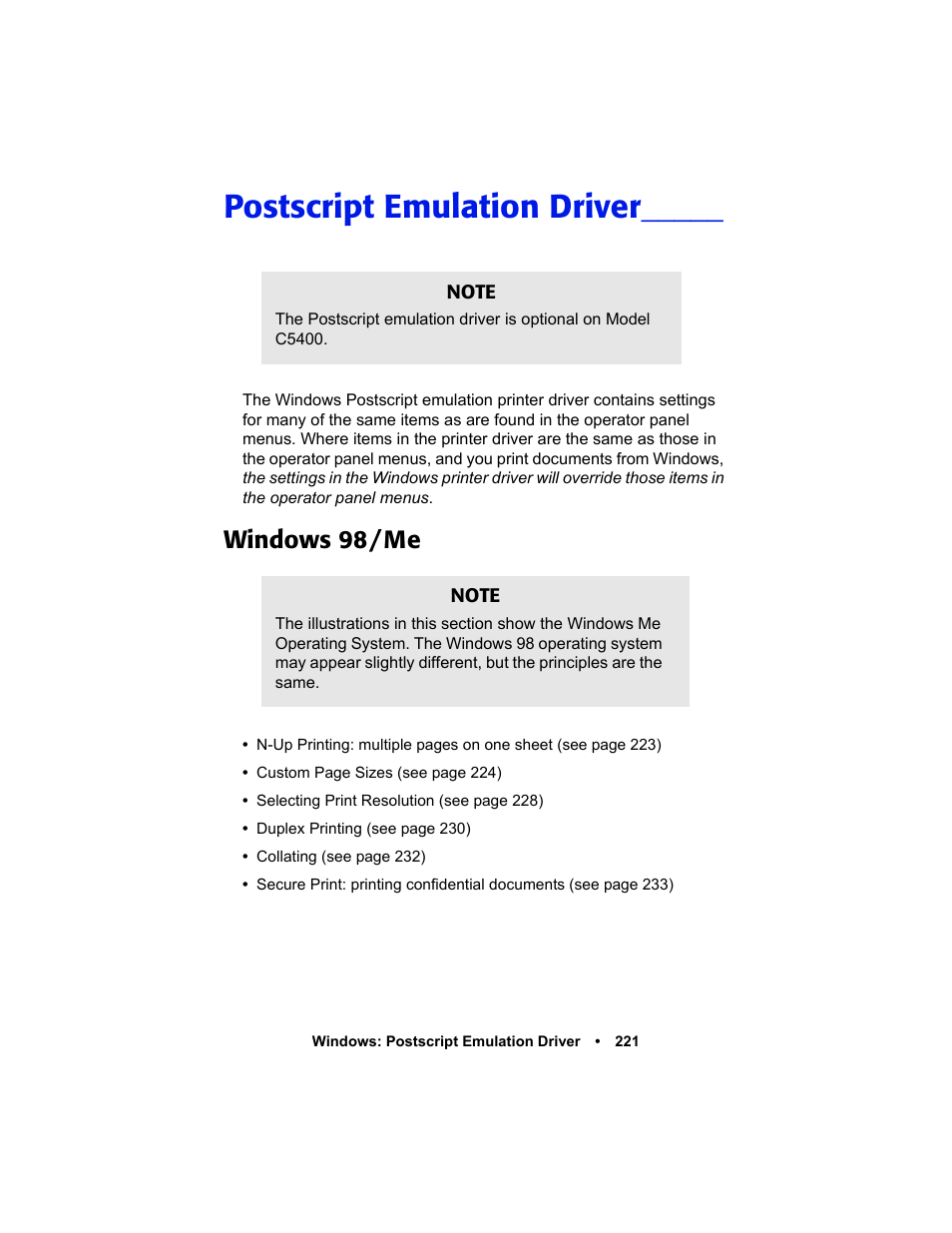 Postscript emulation driver, Windows 98 / me, Windows 98/m | Windows 98/me | Oki C 5400n User Manual | Page 223 / 328