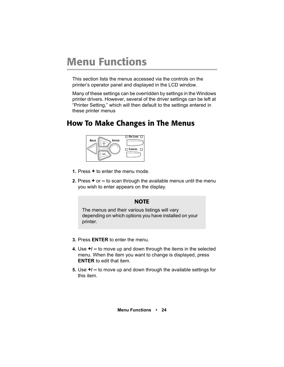 Menu functions, How to make changes in the menus | Oki C 5400n User Manual | Page 26 / 328