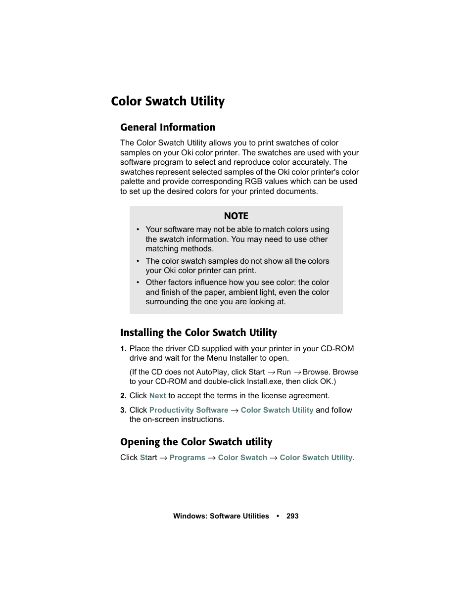 Color swatch utility, General information, Installing the color swatch utility | Opening the color swatch utility, Color swatch utility 293 | Oki C 5400n User Manual | Page 295 / 328