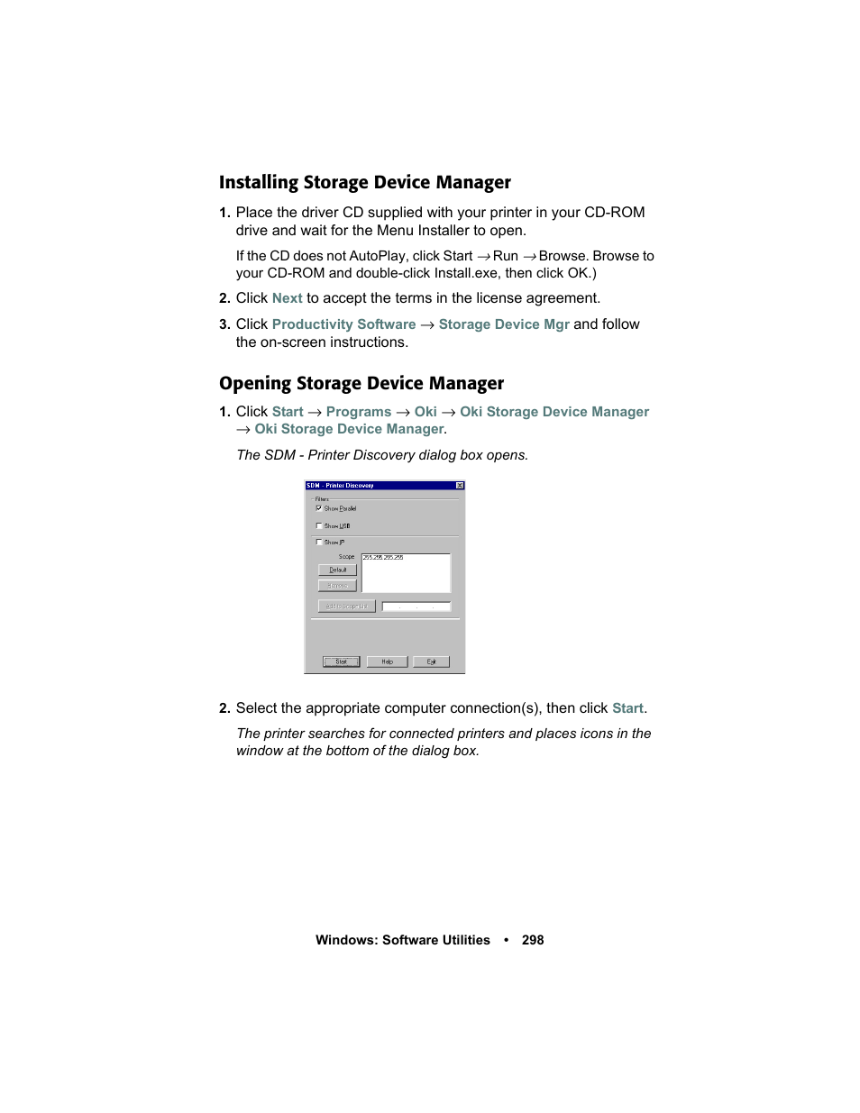 Installing storage device manager, Opening storage device manager, Installing storage device manager 298 | Oki C 5400n User Manual | Page 300 / 328