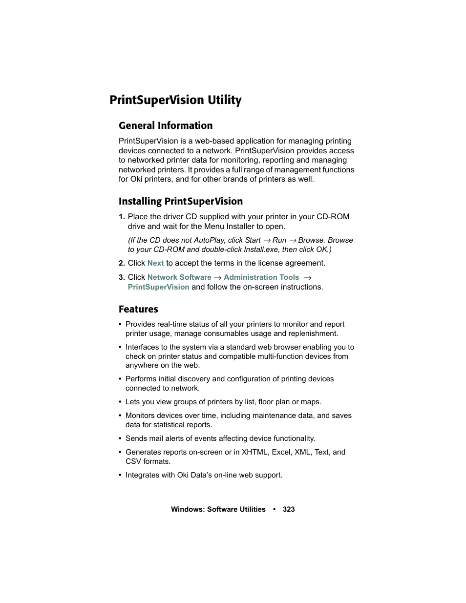 Printsupervision utility, General information, Installing print super vision | Features, Printsupervision utility 323, Installing printsupervision | Oki C 5400n User Manual | Page 325 / 328