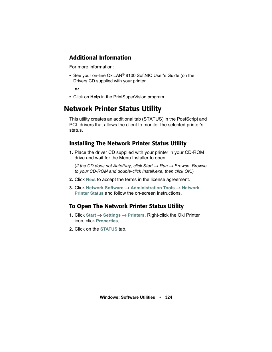 Additional information, Network printer status utility, Installing the network printer status utility | To open the network printer status utility | Oki C 5400n User Manual | Page 326 / 328