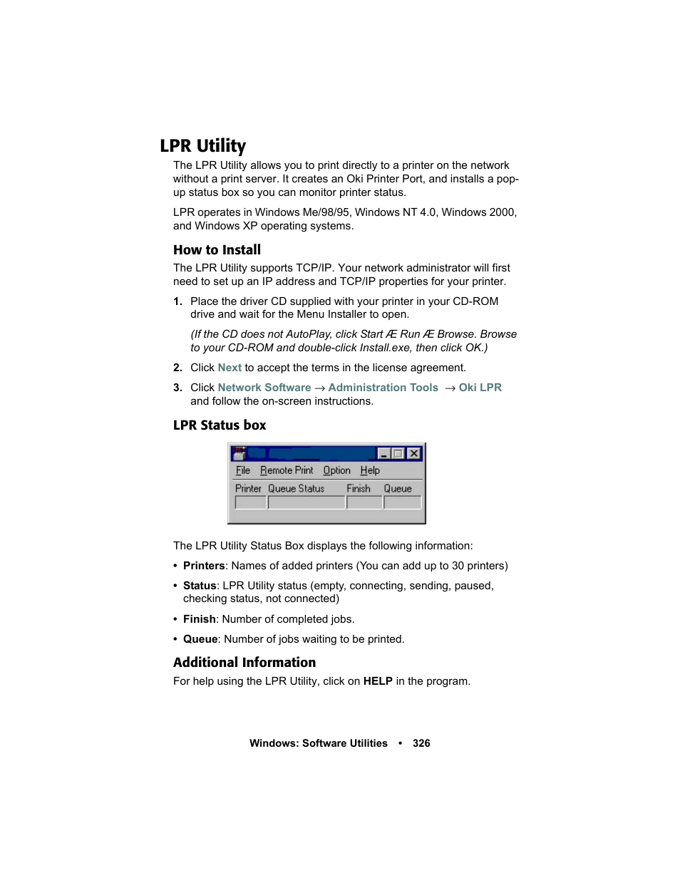 Lpr utility, How to install, Lpr status box | Additional information, Lpr utility 326 | Oki C 5400n User Manual | Page 328 / 328