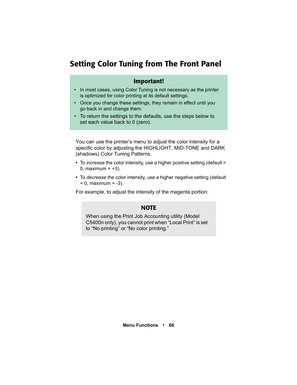 Setting color tuning from the front panel, Setting color tuning from the front panel 66 | Oki C 5400n User Manual | Page 68 / 328