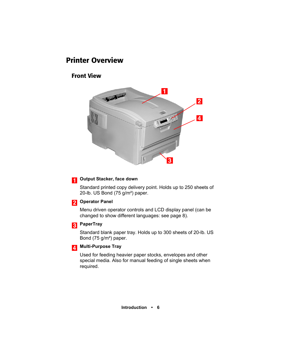 Printer overview, Front view | Oki C 5400n User Manual | Page 8 / 328