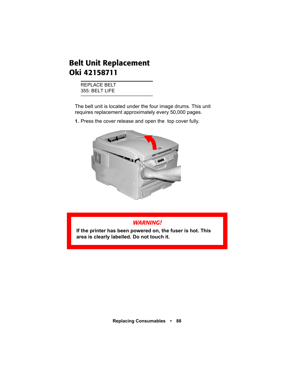 Belt unit replacement, Belt unit replacement 88 | Oki C 5400n User Manual | Page 90 / 328