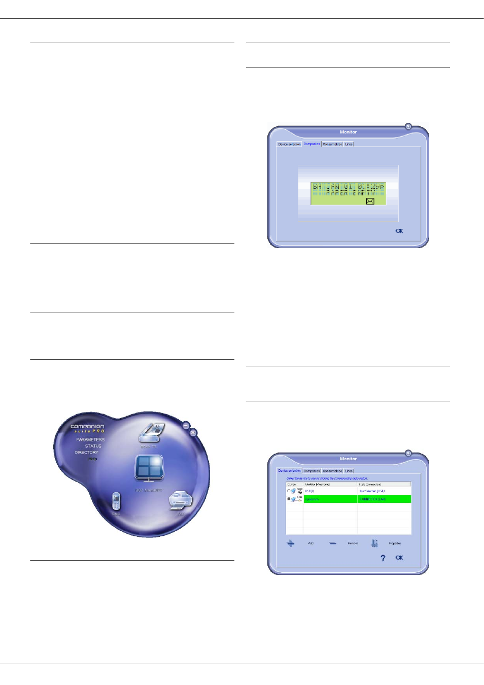 Multifunction terminal's supervision, Companion director, Graphical presentation | Utilities and applications activation, Companion monitor, Device management, Selecting the current device, Checking the connection between the pc and, The multifunction machine, Graphical presentation device management | Oki MB260 User Manual | Page 36 / 49
