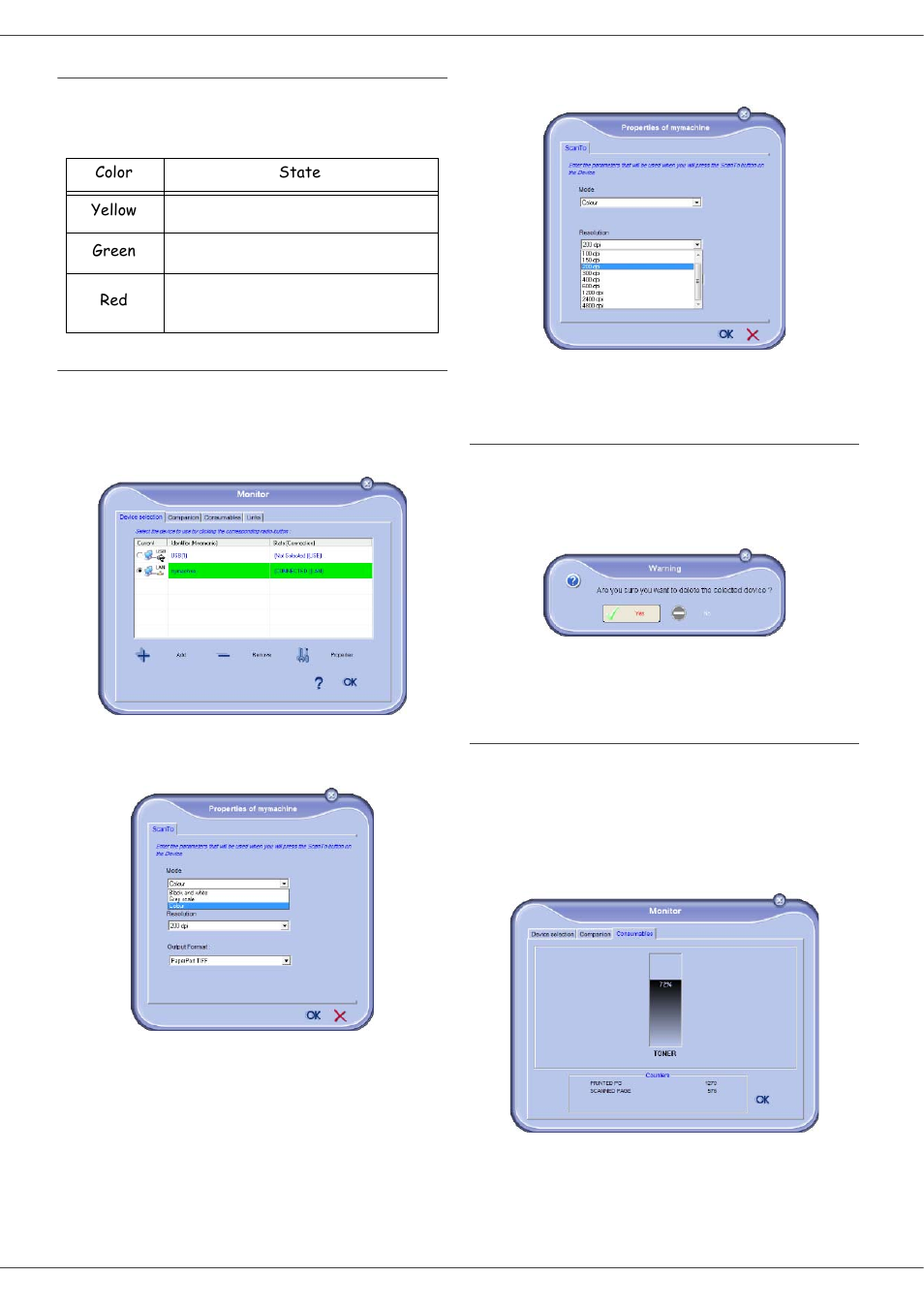 Status of the connection, Device parameters, Removing a device | Display the consumable status, Pc features, Mb260 | Oki MB260 User Manual | Page 37 / 49