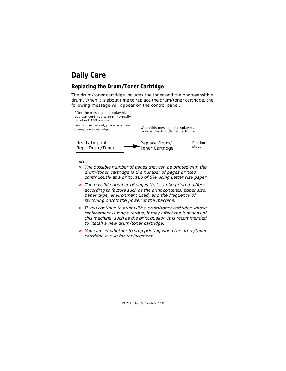 Daily care, Replacing the drum/toner cartridge, Replacing the drum/toner cartridge” (p. 118) | Oki B6250 User Manual | Page 118 / 136