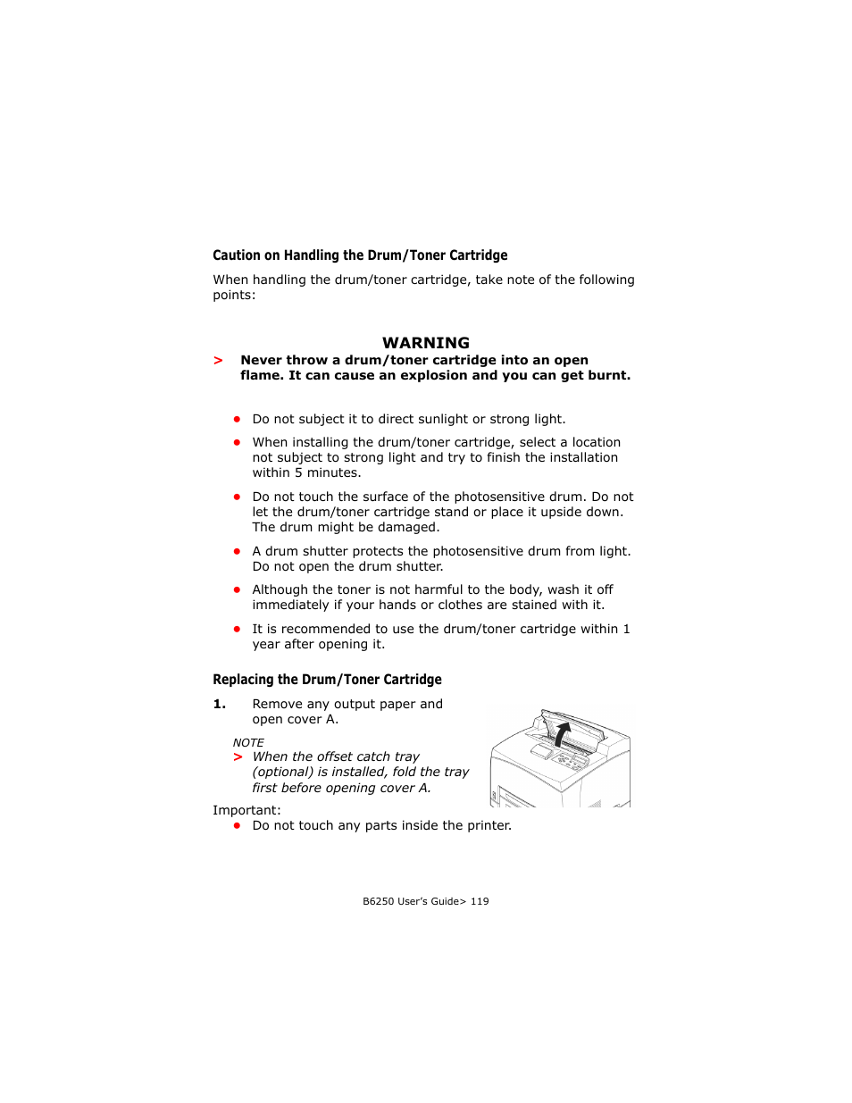 Caution on handling the drum/toner cartridge, Replacing the drum/toner cartridge | Oki B6250 User Manual | Page 119 / 136