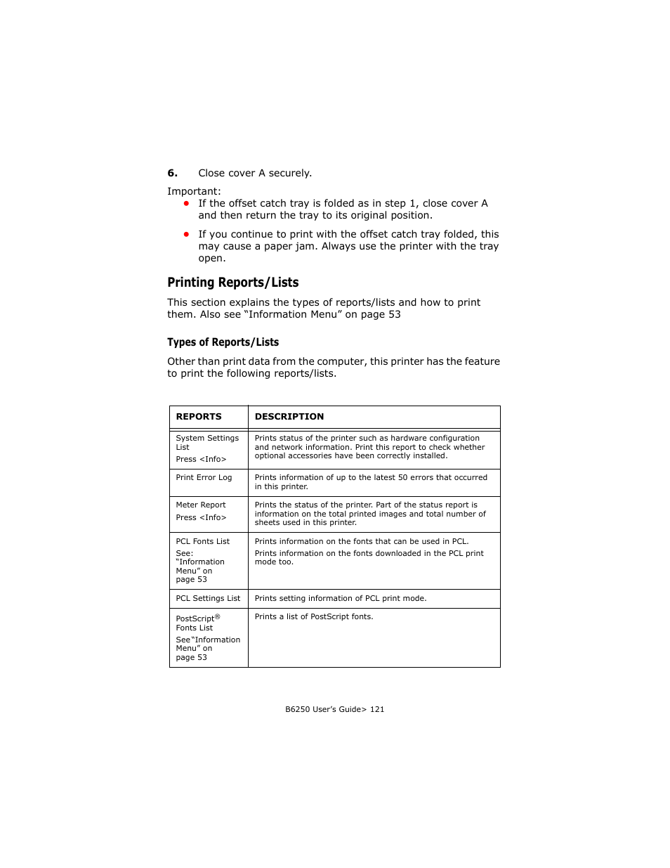 Printing reports/lists, Types of reports/lists | Oki B6250 User Manual | Page 121 / 136