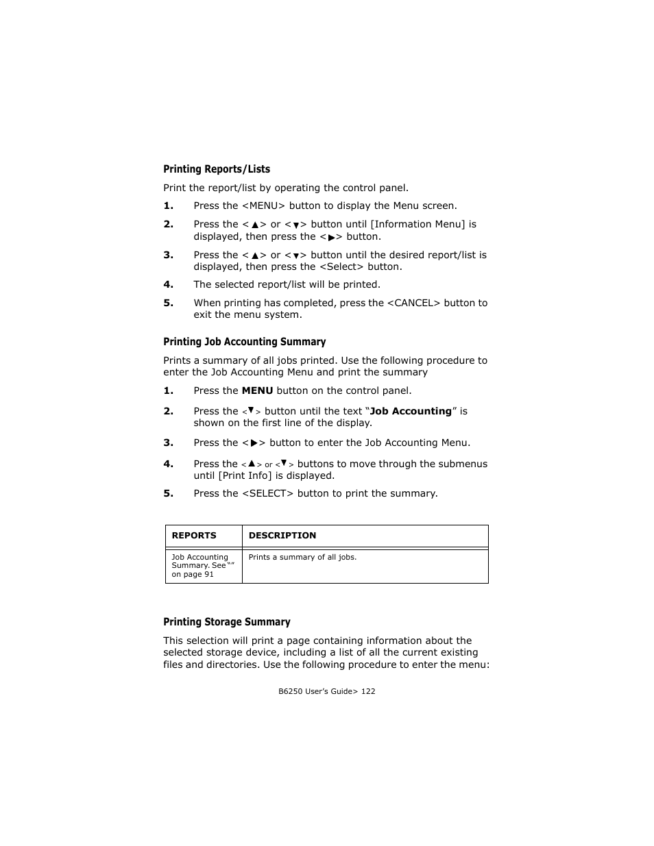 Printing reports/lists, Printing job accounting summary, Printing storage summary | Oki B6250 User Manual | Page 122 / 136