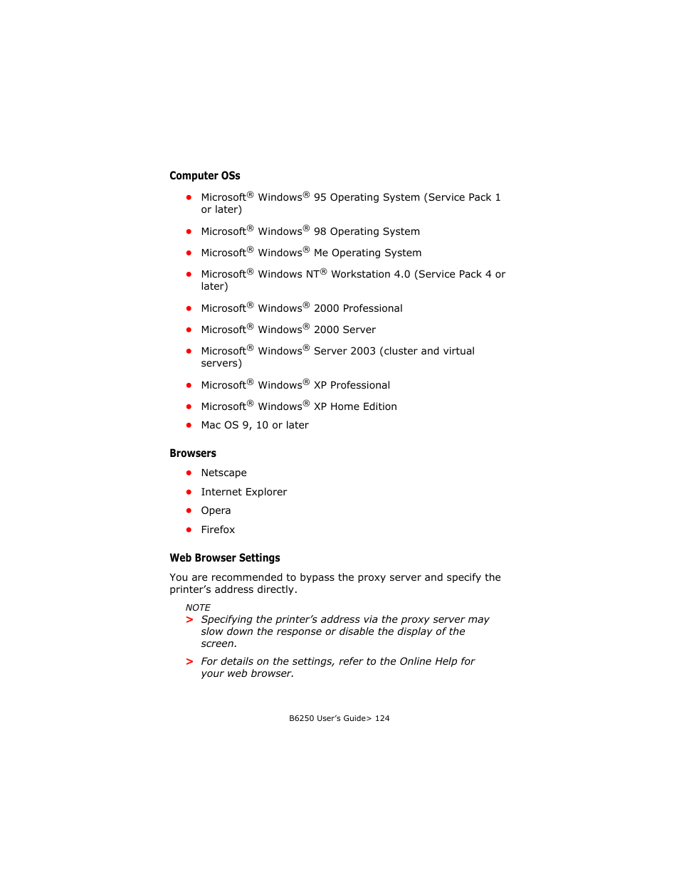 Computer oss, Browsers, Web browser settings | Oki B6250 User Manual | Page 124 / 136