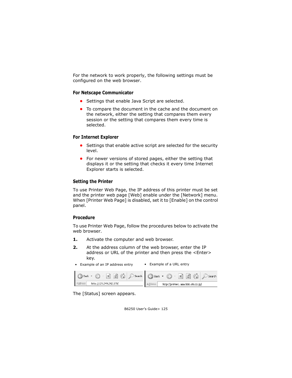 For netscape communicator, For internet explorer, Setting the printer | Procedure | Oki B6250 User Manual | Page 125 / 136