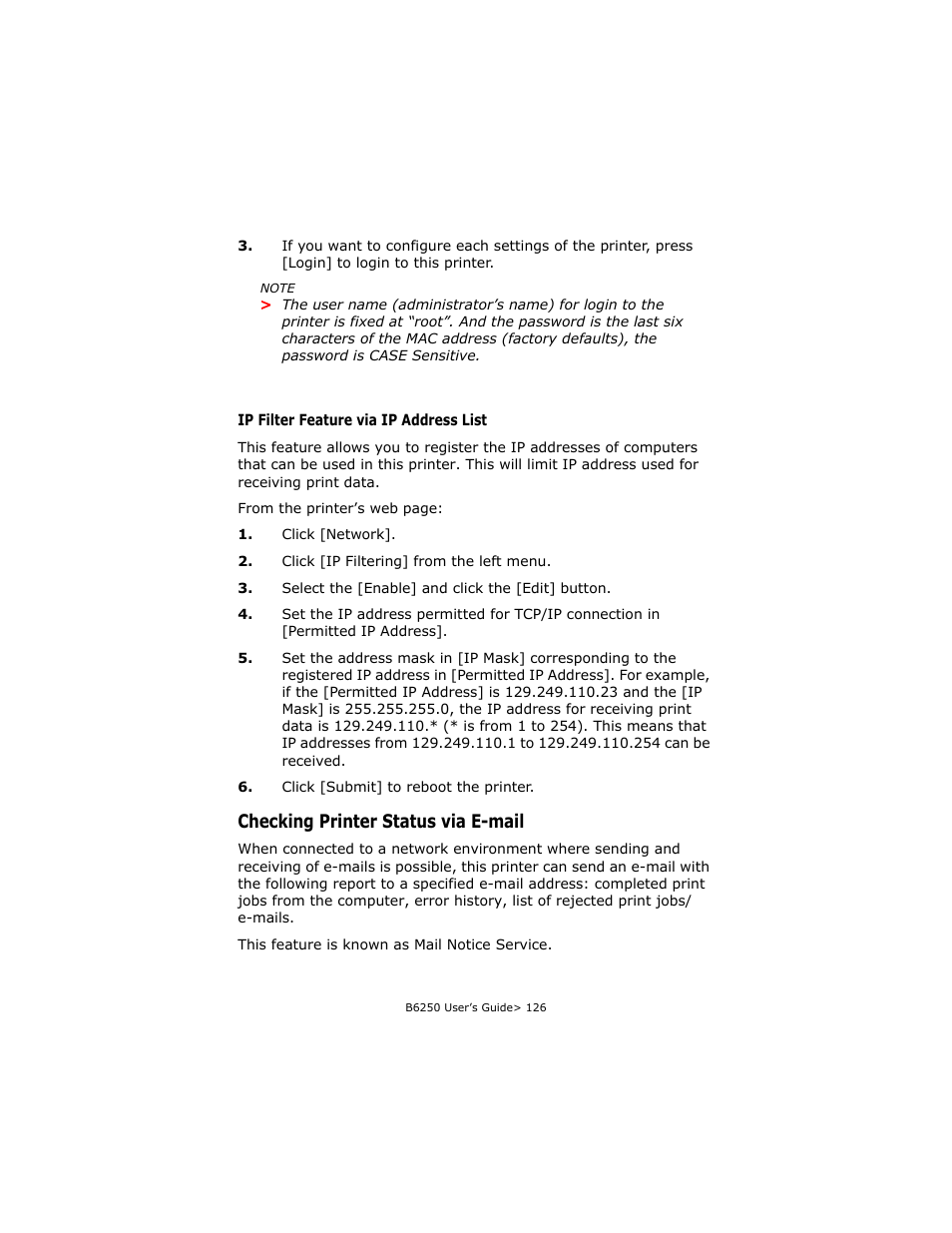 Ip filter feature via ip address list, Checking printer status via e-mail | Oki B6250 User Manual | Page 126 / 136