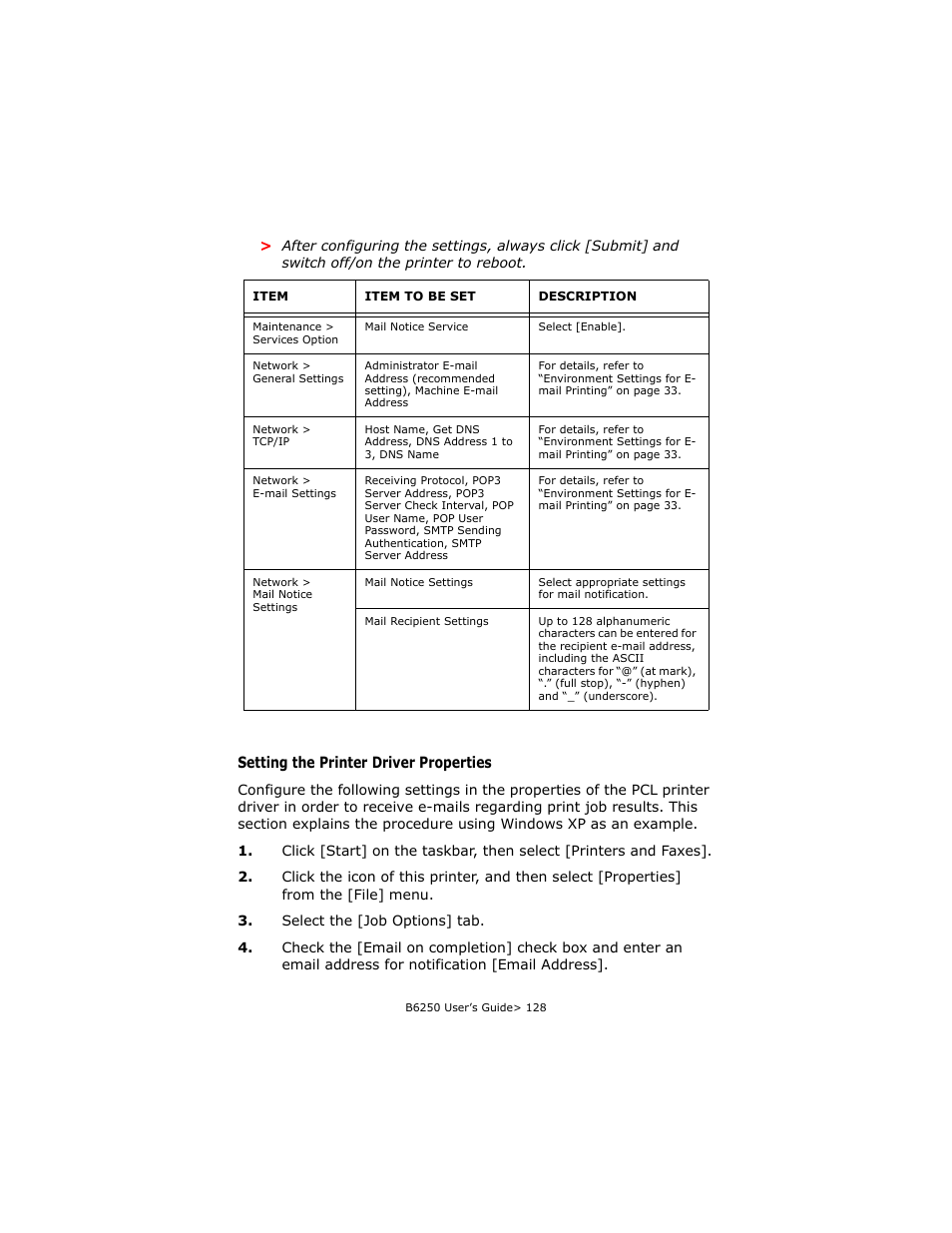 Setting the printer driver properties | Oki B6250 User Manual | Page 128 / 136