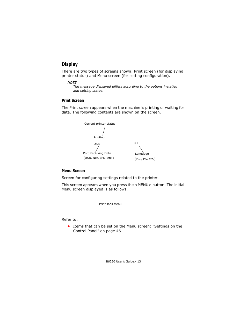 Display, Print screen, Menu screen | Oki B6250 User Manual | Page 13 / 136