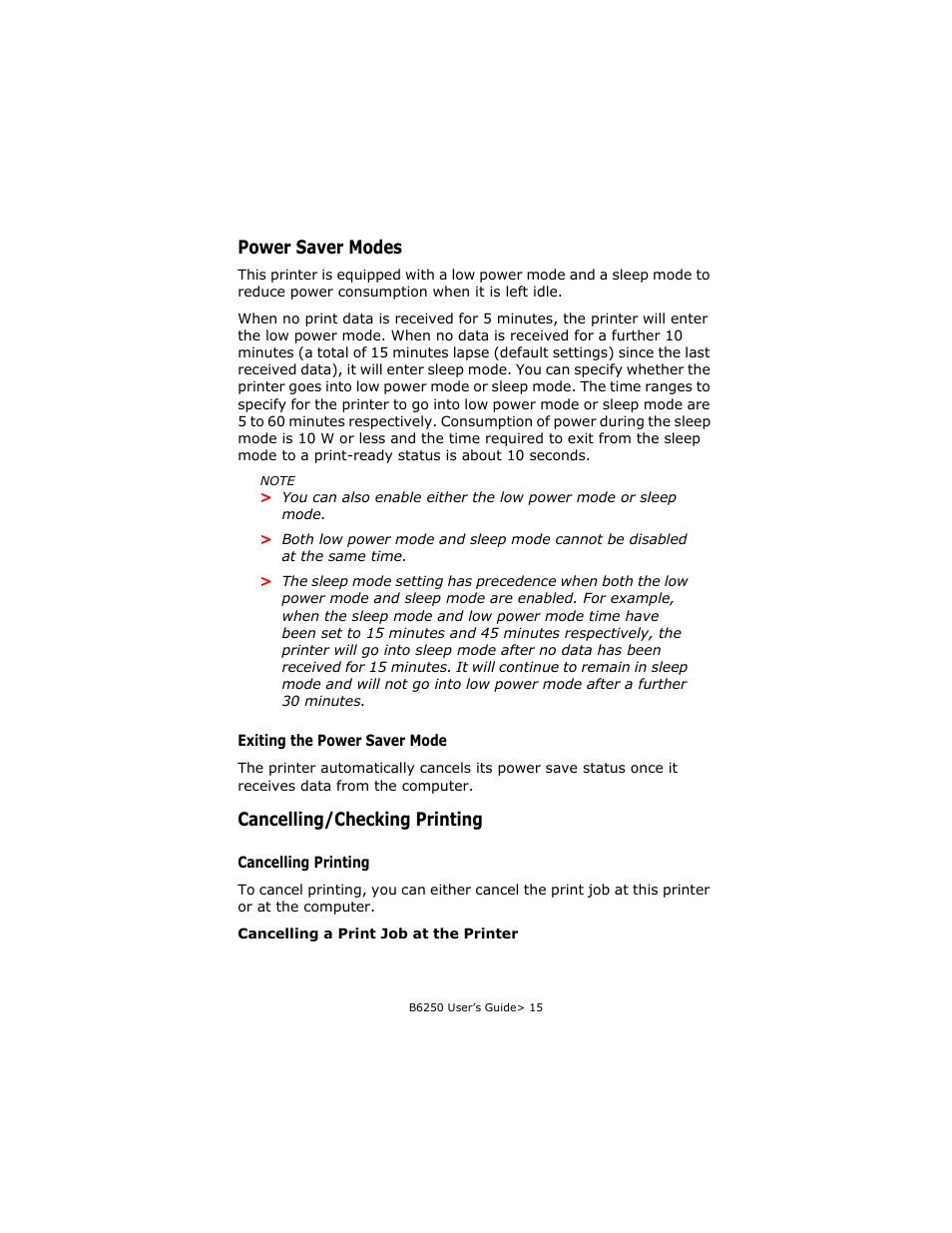 Power saver modes, Exiting the power saver mode, Cancelling/checking printing | Cancelling printing, Power saver modes cancelling/checking printing | Oki B6250 User Manual | Page 15 / 136