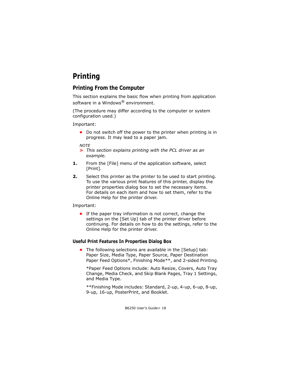 Printing, Printing from the computer, Useful print features in properties dialog box | Oki B6250 User Manual | Page 18 / 136