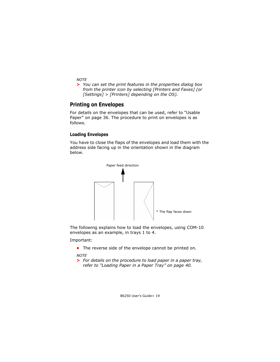 Printing on envelopes, Loading envelopes | Oki B6250 User Manual | Page 19 / 136