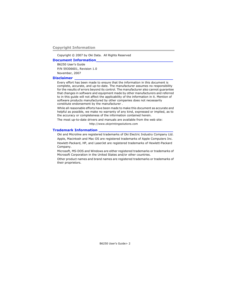 Copyright information, Document information, Disclaimer | Trademark information | Oki B6250 User Manual | Page 2 / 136