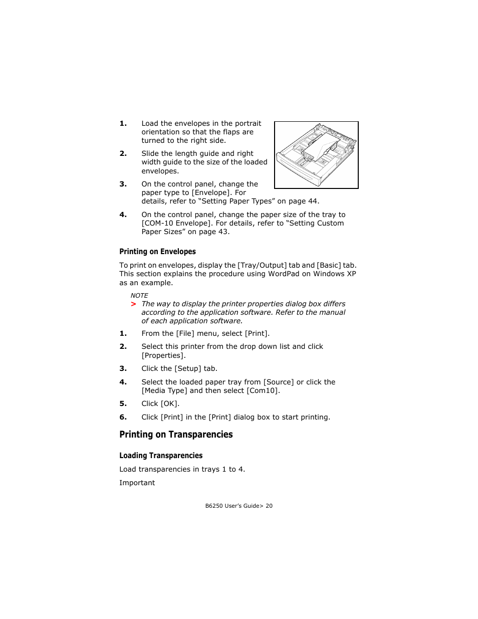 Printing on envelopes, Printing on transparencies, Loading transparencies | Oki B6250 User Manual | Page 20 / 136