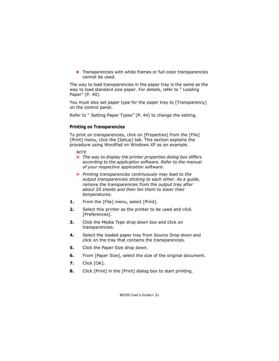 Printing on transparencies | Oki B6250 User Manual | Page 21 / 136