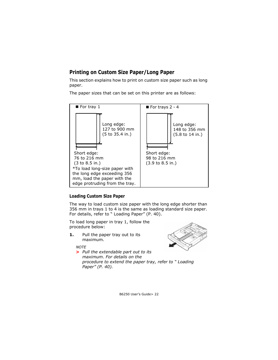 Printing on custom size paper/long paper, Loading custom size paper | Oki B6250 User Manual | Page 22 / 136