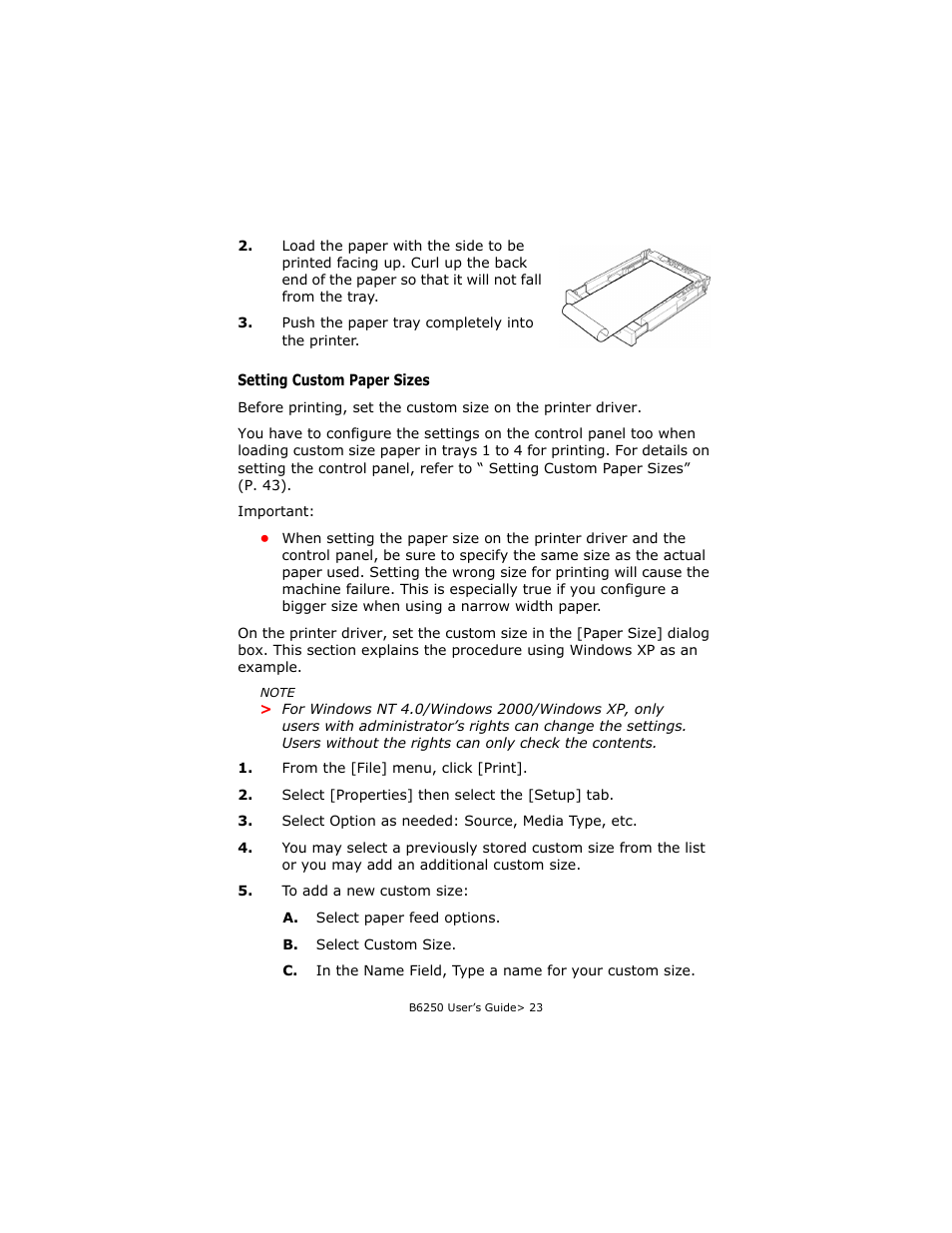 Setting custom paper sizes | Oki B6250 User Manual | Page 23 / 136