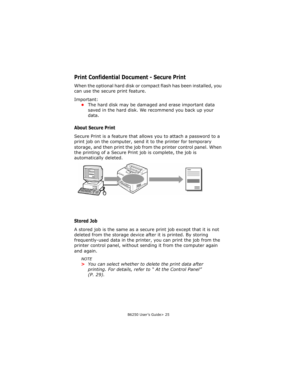 Print confidential document - secure print, About secure print, Stored job | Oki B6250 User Manual | Page 25 / 136