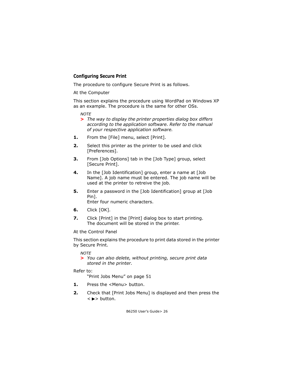 Configuring secure print | Oki B6250 User Manual | Page 26 / 136