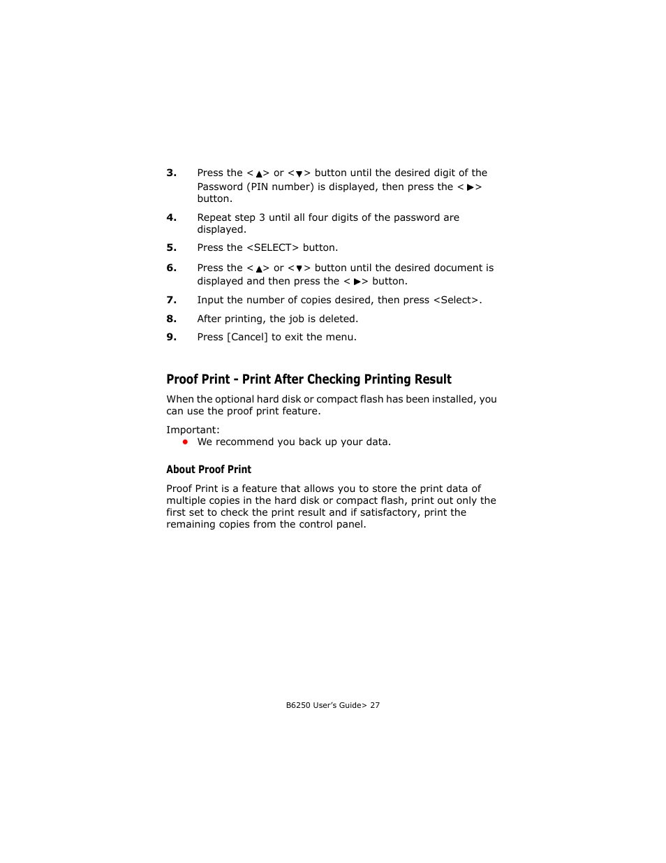 Proof print - print after checking printing result, About proof print | Oki B6250 User Manual | Page 27 / 136