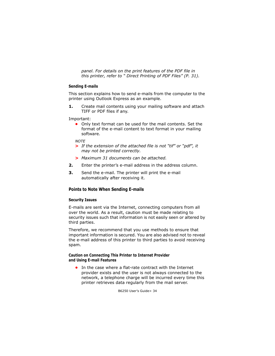 Sending e-mails, Points to note when sending e-mails, Security issues | Oki B6250 User Manual | Page 34 / 136