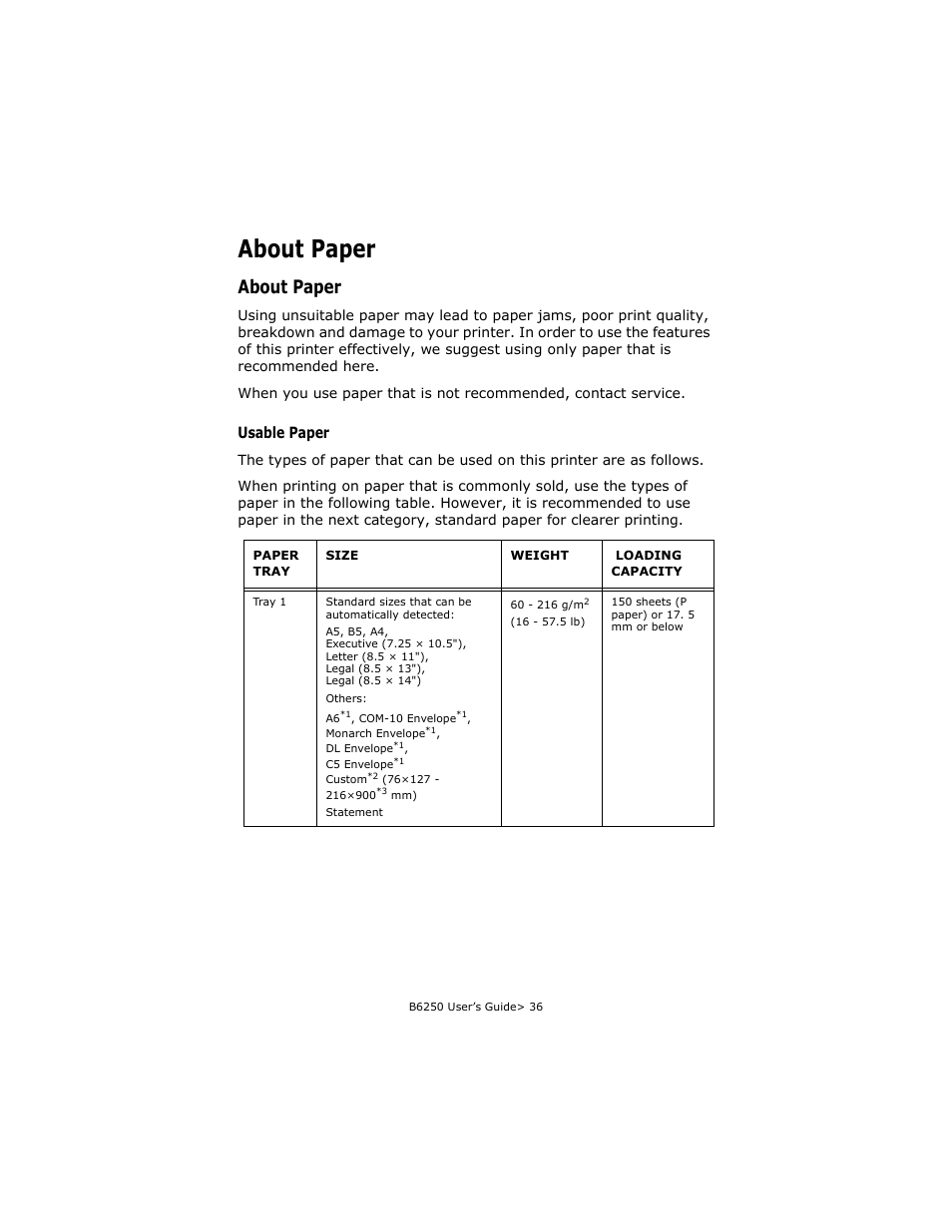 About paper, Usable paper | Oki B6250 User Manual | Page 36 / 136