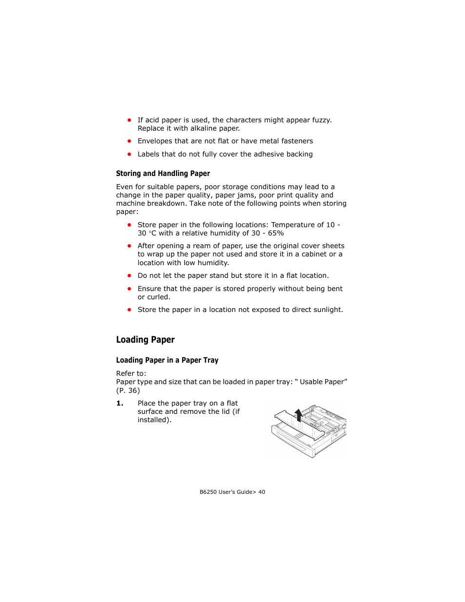 Storing and handling paper, Loading paper, Loading paper in a paper tray | Oki B6250 User Manual | Page 40 / 136