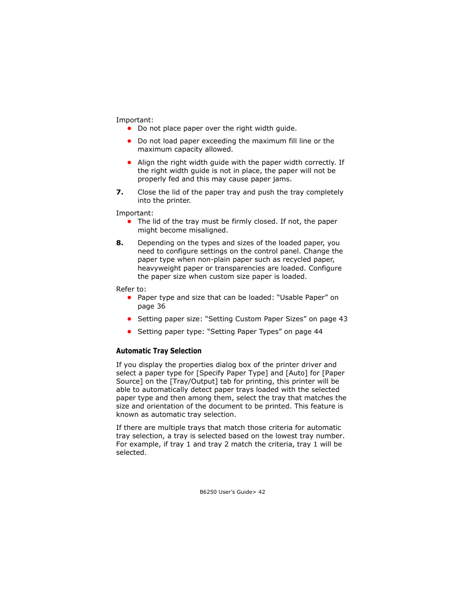 Automatic tray selection | Oki B6250 User Manual | Page 42 / 136