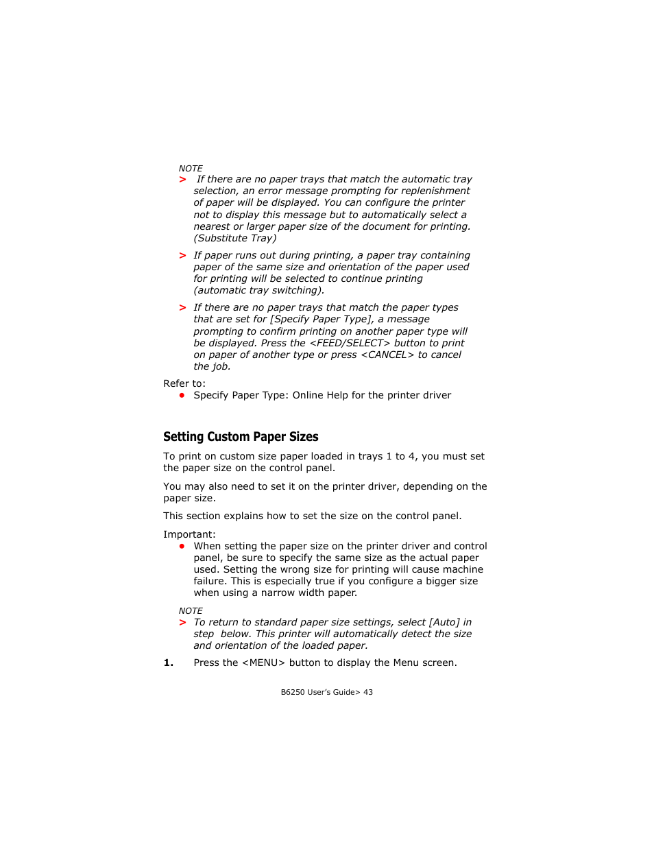 Setting custom paper sizes | Oki B6250 User Manual | Page 43 / 136