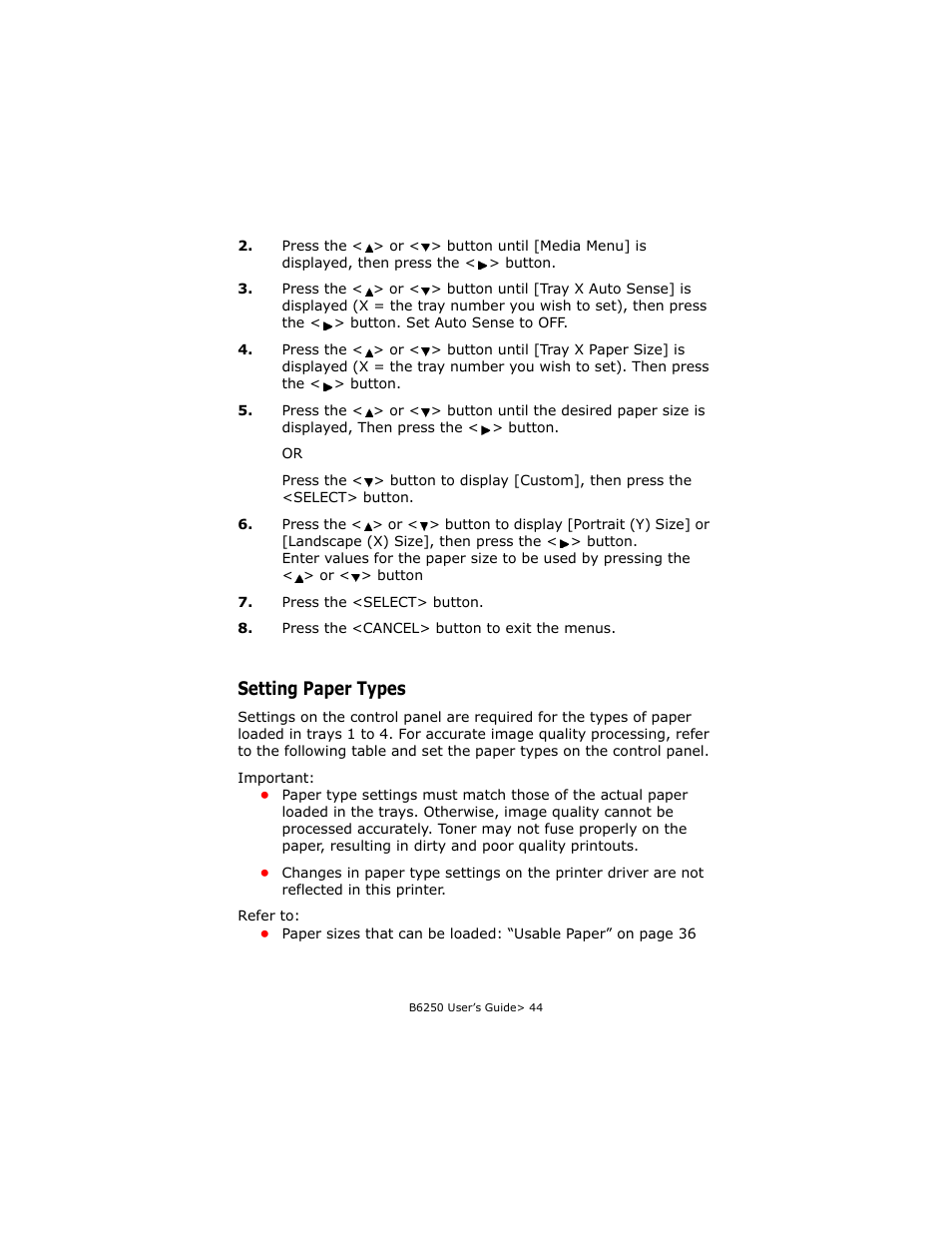 Setting paper types | Oki B6250 User Manual | Page 44 / 136