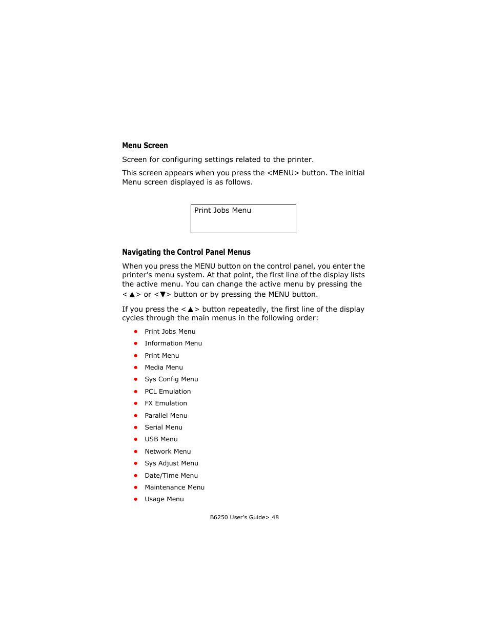 Menu screen, Navigating the control panel menus | Oki B6250 User Manual | Page 48 / 136
