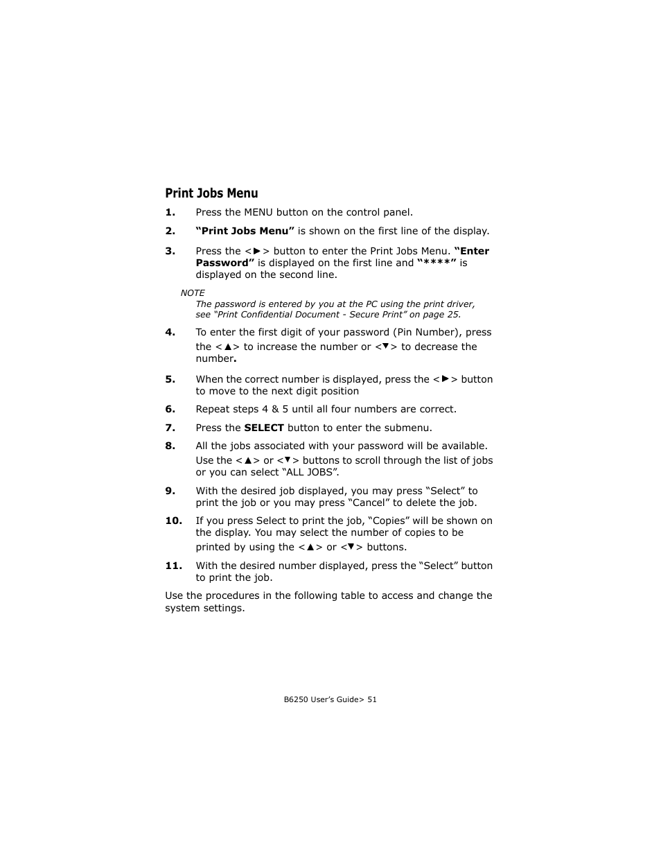 Print jobs menu | Oki B6250 User Manual | Page 51 / 136