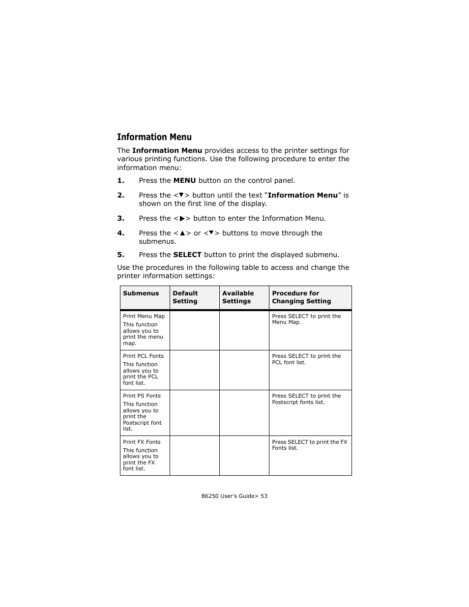 Information menu | Oki B6250 User Manual | Page 53 / 136