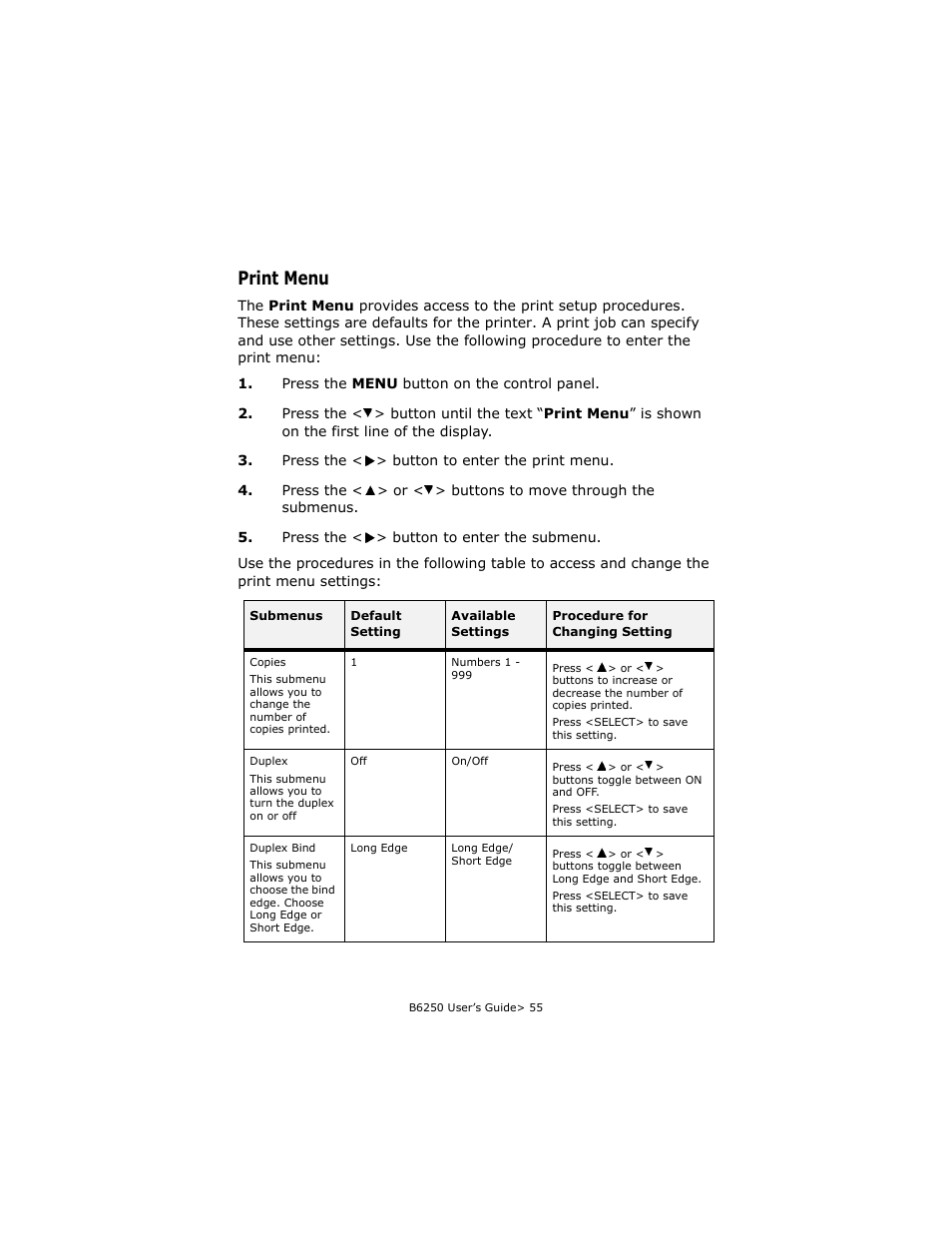 Print menu | Oki B6250 User Manual | Page 55 / 136