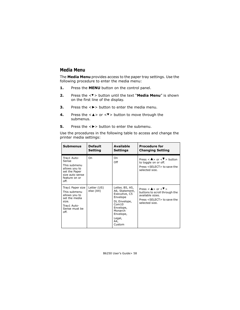 Media menu | Oki B6250 User Manual | Page 58 / 136