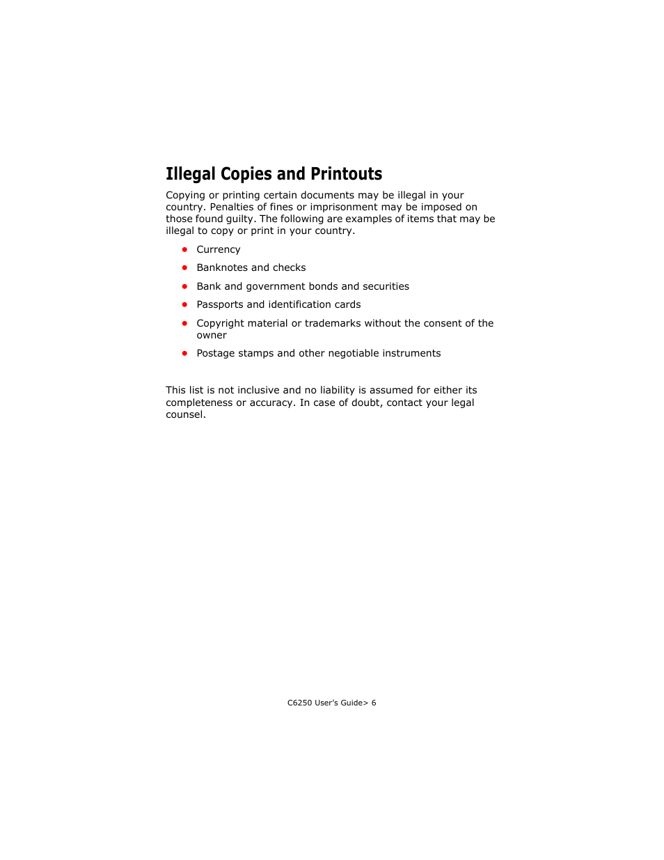 Illegal copies and printouts | Oki B6250 User Manual | Page 6 / 136