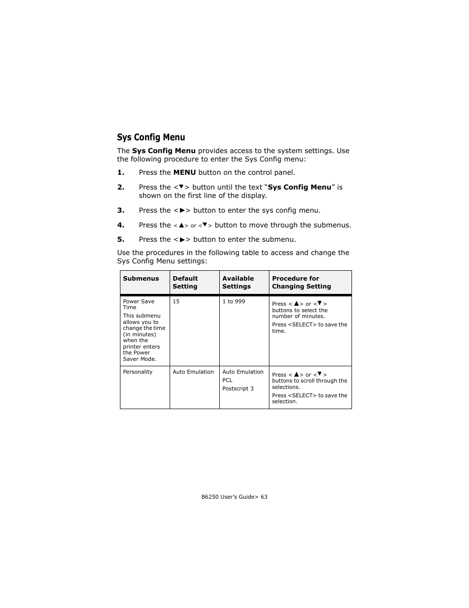 Sys config menu | Oki B6250 User Manual | Page 63 / 136