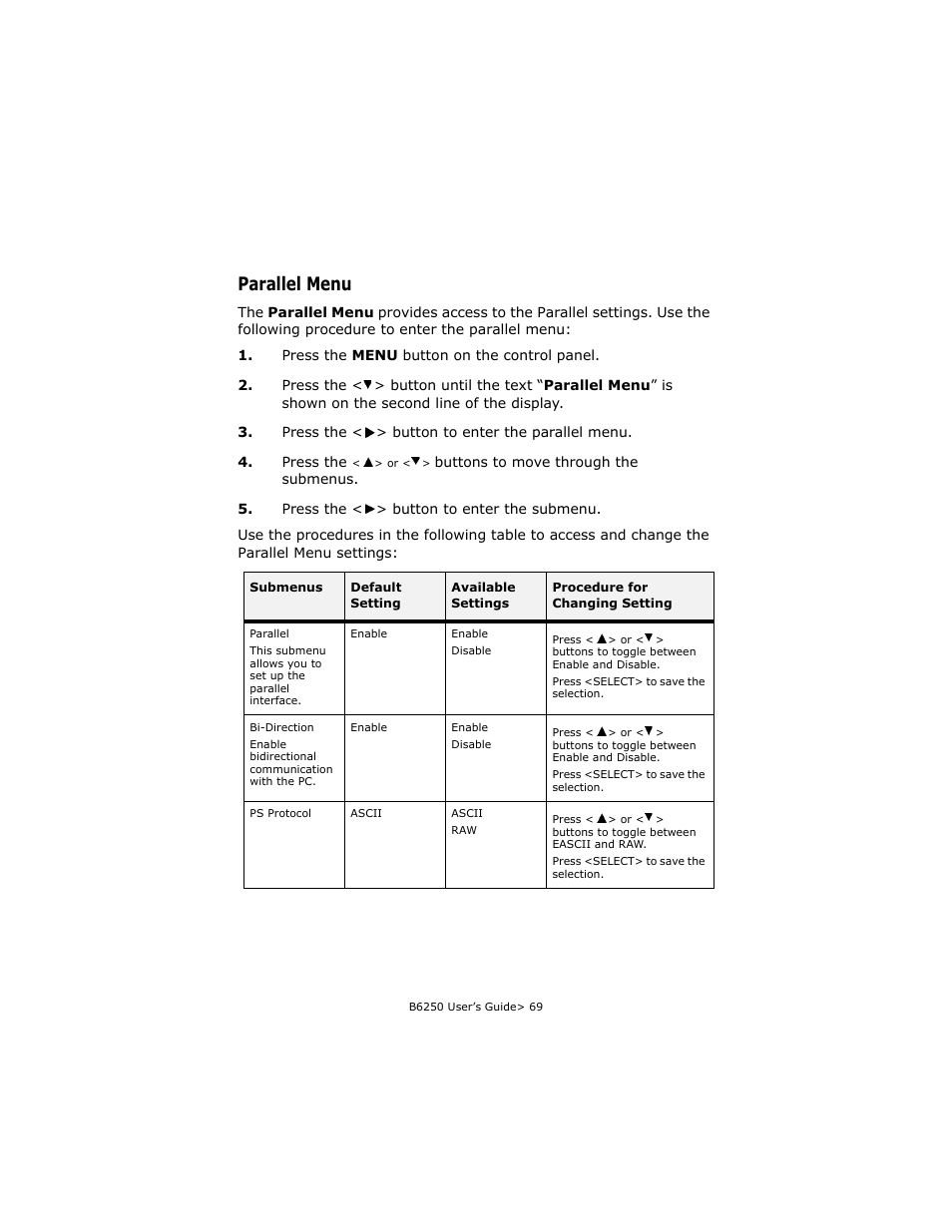 Parallel menu | Oki B6250 User Manual | Page 69 / 136