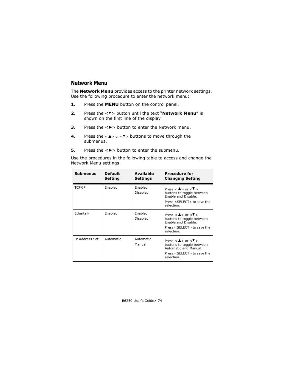 Network menu | Oki B6250 User Manual | Page 74 / 136