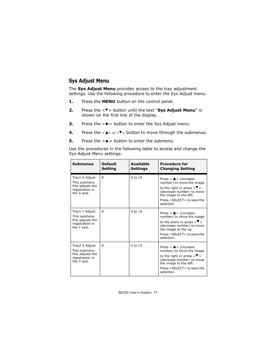 Sys adjust menu | Oki B6250 User Manual | Page 77 / 136